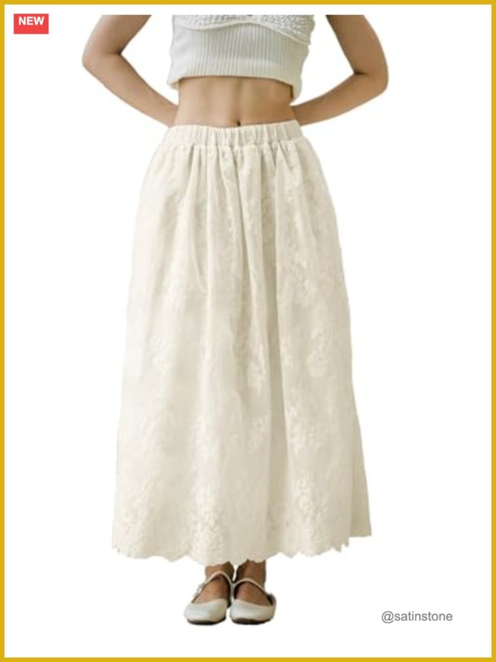 Boho Lace Embroidered Maxi Skirt High Elastic Waist Flowy A-Line with Cotton